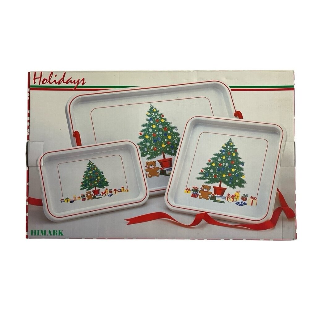 Vintage Japan Lacquerware Tray Set 3PC Decorative Christmas Holiday Tree 70s‎